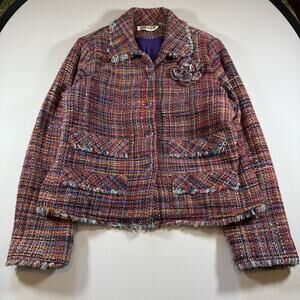 Vintage Tweed Four Button Preppy Broach Blazer Jacket - Multi Color Wms Large